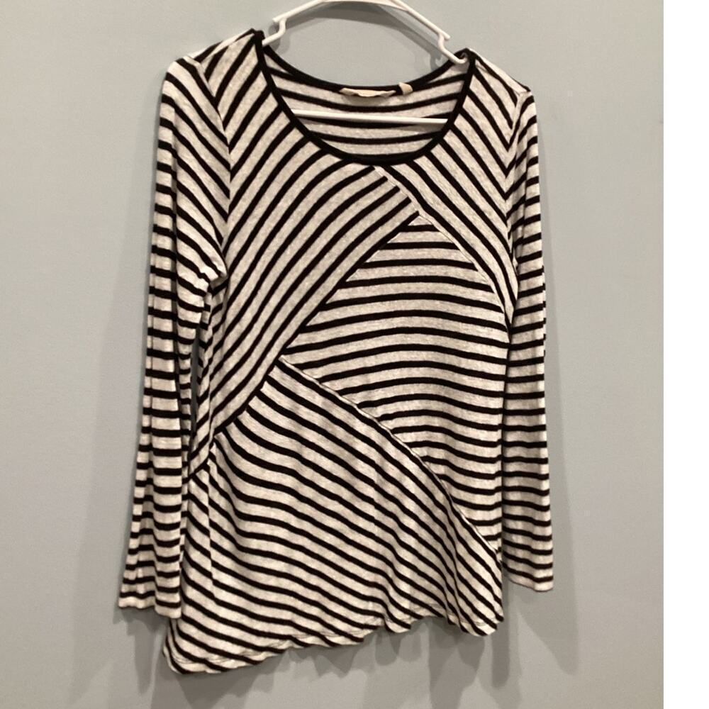 Soft Surroundings Linen Blend Long Sleeve Shirt Small S Black White Stripe Beach